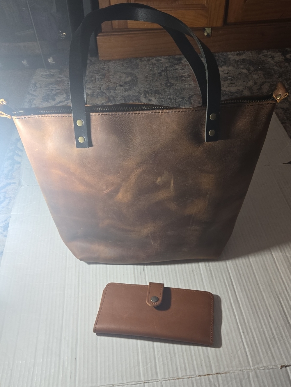 Portland Leather Tote Bag with Black Handles